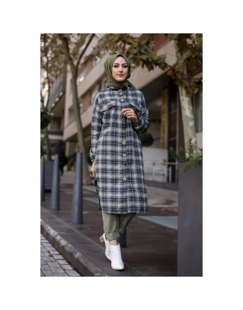 Chemise longue à carreaux pour femme (Boutique Musulmane) - Couleur bleu marine et kaki 