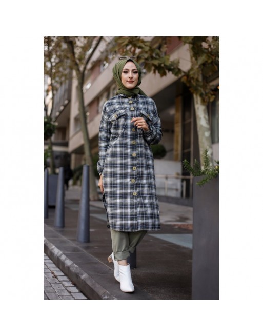 Chemise longue à carreaux pour femme (Boutique Musulmane) - Couleur bleu marine et kaki Chemise longue à carreaux pour femme (Boutique Musulmane) - Couleur bleu marine et kaki