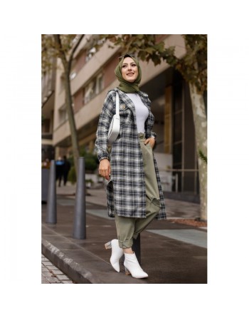 Chemise longue à carreaux pour femme (Boutique Musulmane) - Couleur bleu marine et kaki 