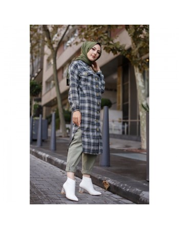 Chemise longue à carreaux pour femme (Boutique Musulmane) - Couleur bleu marine et kaki 