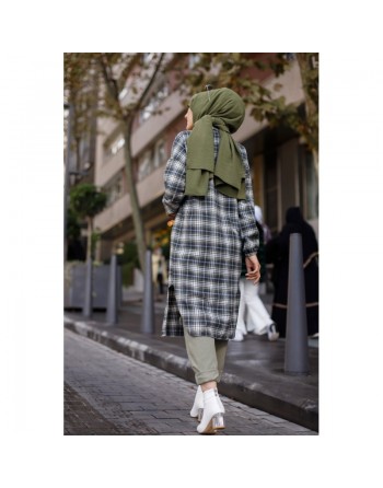 Chemise longue à carreaux pour femme (Boutique Musulmane) - Couleur bleu marine et kaki 