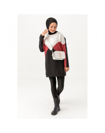Tunique originale pour femme - Sweat-shirt tricolore - Couleur blanc noir et rose 