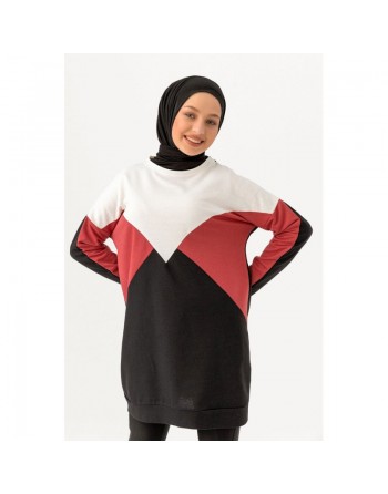 Tunique originale pour femme - Sweat-shirt tricolore - Couleur blanc noir et rose 