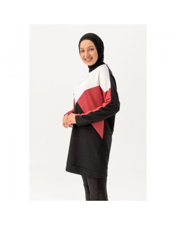 Tunique originale pour femme - Sweat-shirt tricolore - Couleur blanc noir et rose 