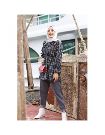 Tunique à carreaux pour femme - Couleur anthracite et écru 
