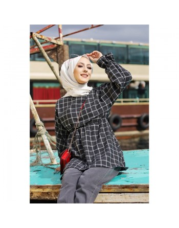 Tunique à carreaux pour femme - Couleur anthracite et écru 
