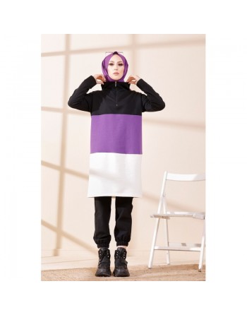 Tunique à capuche tricolore (Vêtement décontracté moderne pour femme voilée) - Couleur noir, blanc et mauve 