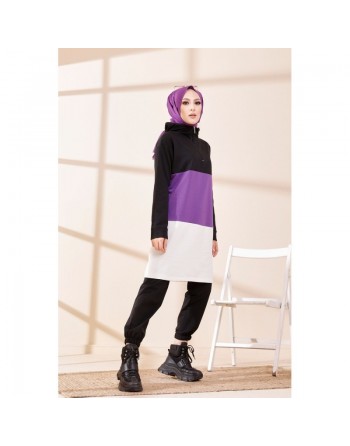 Tunique à capuche tricolore (Vêtement décontracté moderne pour femme voilée) - Couleur noir, blanc et mauve 