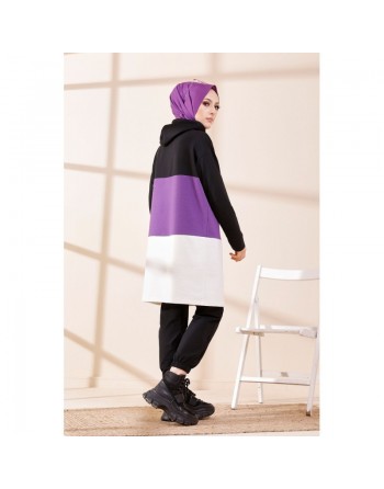 Tunique à capuche tricolore (Vêtement décontracté moderne pour femme voilée) - Couleur noir, blanc et mauve 