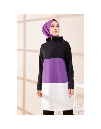 Tunique à capuche tricolore (Vêtement décontracté moderne pour femme voilée) - Couleur noir, blanc et mauve 