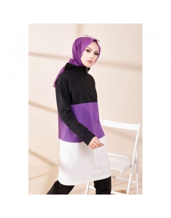 Tunique à capuche tricolore (Vêtement décontracté moderne pour femme voilée) - Couleur noir, blanc et mauve 
