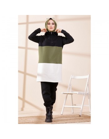 Tunique à capuche tricolore (Vêtement décontracté moderne pour femme voilée) - Couleur noir, blanc et kaki 
