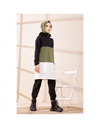 Tunique à capuche tricolore (Vêtement décontracté moderne pour femme voilée) - Couleur noir, blanc et kaki 