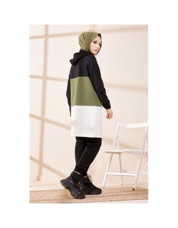 Tunique à capuche tricolore (Vêtement décontracté moderne pour femme voilée) - Couleur noir, blanc et kaki 