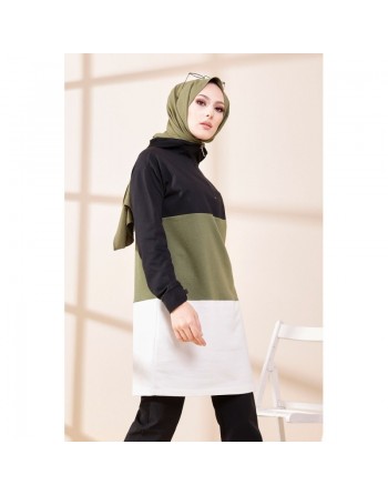 Tunique à capuche tricolore (Vêtement décontracté moderne pour femme voilée) - Couleur noir, blanc et kaki 