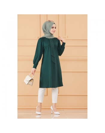 Tunique style habillé pour femme (Tenue hijab classique) - Couleur vert émeraude 