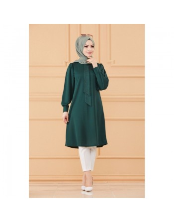 Tunique style habillé pour femme (Tenue hijab classique) - Couleur vert émeraude 