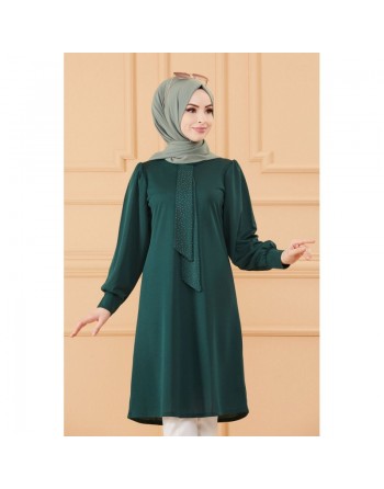 Tunique style habillé pour femme (Tenue hijab classique) - Couleur vert émeraude 
