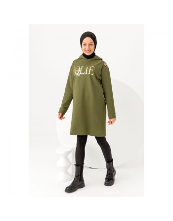 Tunique décontractée ample pour femme type sweat-shirt avec capuche et imprimé doré - Couleur kaki 