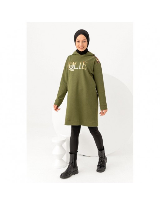 Tunique décontractée ample pour femme type sweat-shirt avec capuche et imprimé doré - Couleur kaki Tunique décontractée ample pour femme type sweat-shirt avec capuche et imprimé doré - Couleur kaki