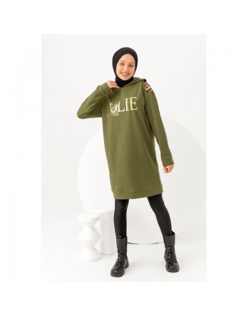 Tunique décontractée ample pour femme type sweat-shirt avec capuche et imprimé doré - Couleur kaki 