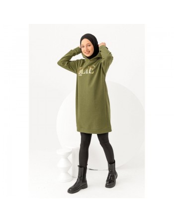 Tunique décontractée ample pour femme type sweat-shirt avec capuche et imprimé doré - Couleur kaki 