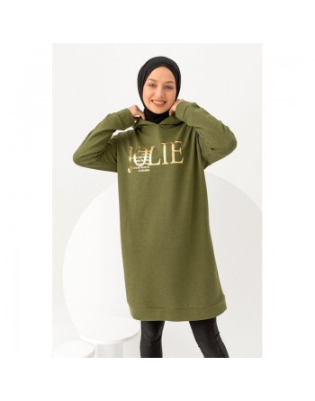 Tunique décontractée ample pour femme type sweat-shirt avec capuche et imprimé doré - Couleur kaki 