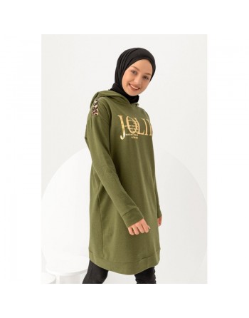 Tunique décontractée ample pour femme type sweat-shirt avec capuche et imprimé doré - Couleur kaki 