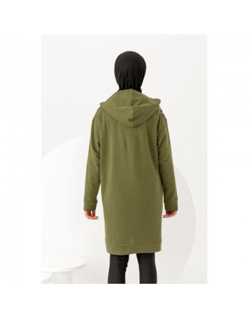 Tunique décontractée ample pour femme type sweat-shirt avec capuche et imprimé doré - Couleur kaki 
