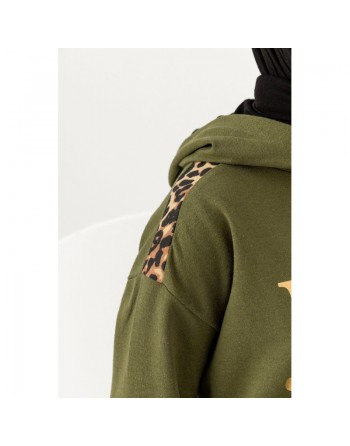 Tunique décontractée ample pour femme type sweat-shirt avec capuche et imprimé doré - Couleur kaki 