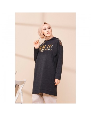 Tunique décontractée ample pour femme type sweat-shirt avec capuche et imprimé doré - Couleur anthracite 