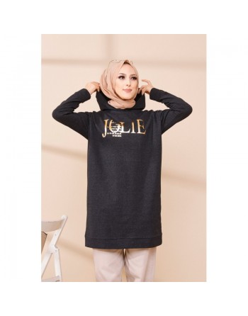 Tunique décontractée ample pour femme type sweat-shirt avec capuche et imprimé doré - Couleur anthracite 