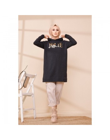 Tunique décontractée ample pour femme type sweat-shirt avec capuche et imprimé doré - Couleur anthracite 