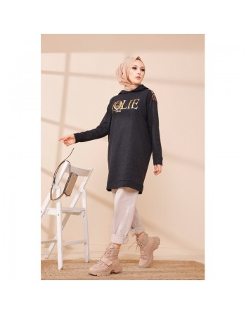 Tunique décontractée ample pour femme type sweat-shirt avec capuche et imprimé doré - Couleur anthracite 