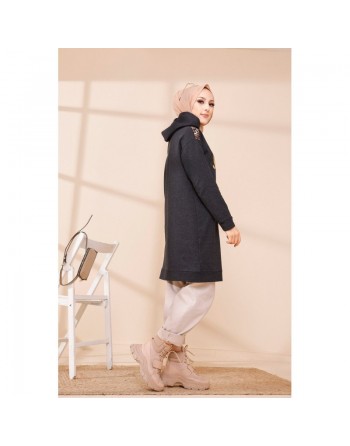 Tunique décontractée ample pour femme type sweat-shirt avec capuche et imprimé doré - Couleur anthracite 