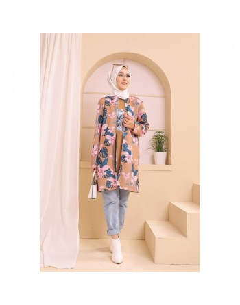 Ensemble deux pièces Tunique et Veste imprimées pour femme (Tenue Hijab) - Couleur prune avec motifs fleurs rose et biscuit 