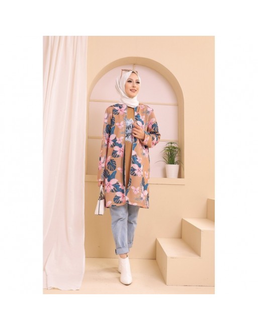 Ensemble deux pièces Tunique et Veste imprimées pour femme (Tenue Hijab) - Couleur prune avec motifs fleurs rose et biscuit Ensemble deux pièces Tunique et Veste imprimées pour femme (Tenue Hijab) - Couleur prune avec motifs fleurs rose et biscuit