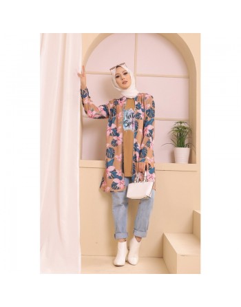 Ensemble deux pièces Tunique et Veste imprimées pour femme (Tenue Hijab) - Couleur prune avec motifs fleurs rose et biscuit 