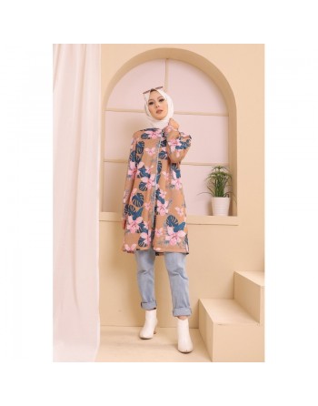 Ensemble deux pièces Tunique et Veste imprimées pour femme (Tenue Hijab) - Couleur prune avec motifs fleurs rose et biscuit 