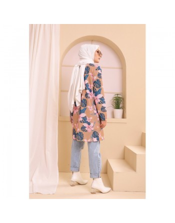Ensemble deux pièces Tunique et Veste imprimées pour femme (Tenue Hijab) - Couleur prune avec motifs fleurs rose et biscuit 
