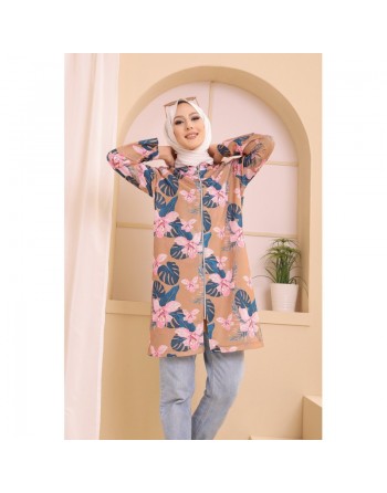 Ensemble deux pièces Tunique et Veste imprimées pour femme (Tenue Hijab) - Couleur prune avec motifs fleurs rose et biscuit 