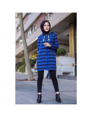 Veste-Tunique zippée à capuche (Tenue Hijab Automne Hiver) - Couleur bleu roi 