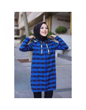 Veste-Tunique zippée à capuche (Tenue Hijab Automne Hiver) - Couleur bleu roi 