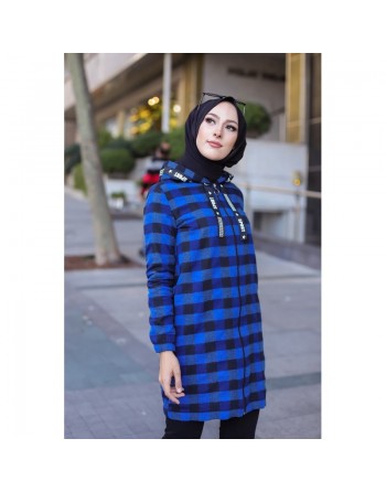 Veste-Tunique zippée à capuche (Tenue Hijab Automne Hiver) - Couleur bleu roi 