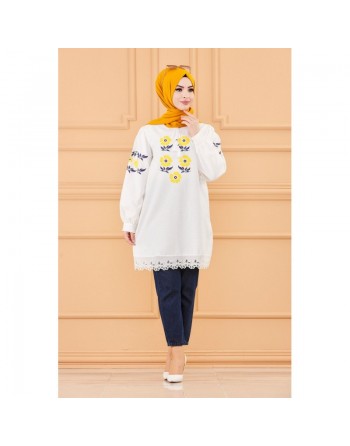 Tunique imprimée à fleurs pour femme - Couleur blanc avec fleurs de couleur jaune 
