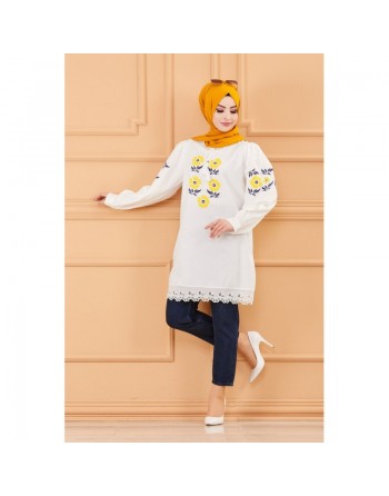 Tunique imprimée à fleurs pour femme - Couleur blanc avec fleurs de couleur jaune 