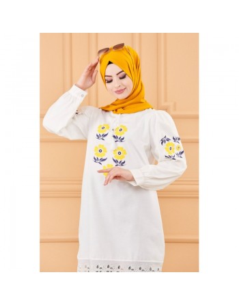 Tunique imprimée à fleurs pour femme - Couleur blanc avec fleurs de couleur jaune 