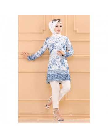 Tunique à motifs fleurs et arabesques pour femmes (Tenues Hijab Chic) - Couleur bleu 