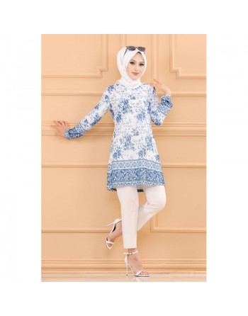 Tunique à motifs fleurs et arabesques pour femmes (Tenues Hijab Chic) - Couleur bleu 