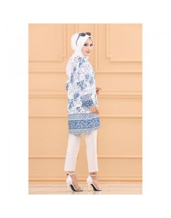 Tunique à motifs fleurs et arabesques pour femmes (Tenues Hijab Chic) - Couleur bleu 